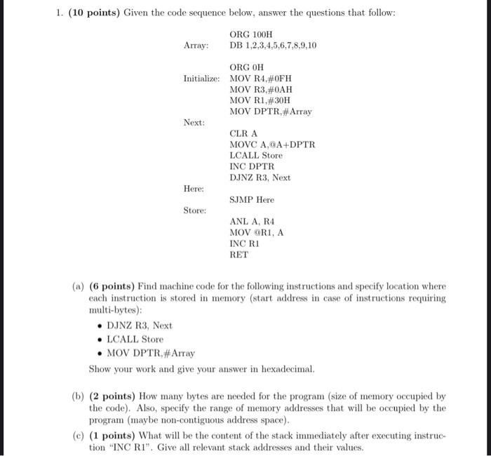 Solved 1. (10 points) Given the code sequence below, answer | Chegg.com