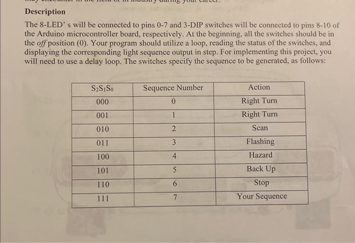 Description
The 8-LEDs will be connected to pins 0-7 and 3-DIP switches will be connected to pins 8-10 of the Arduino microc