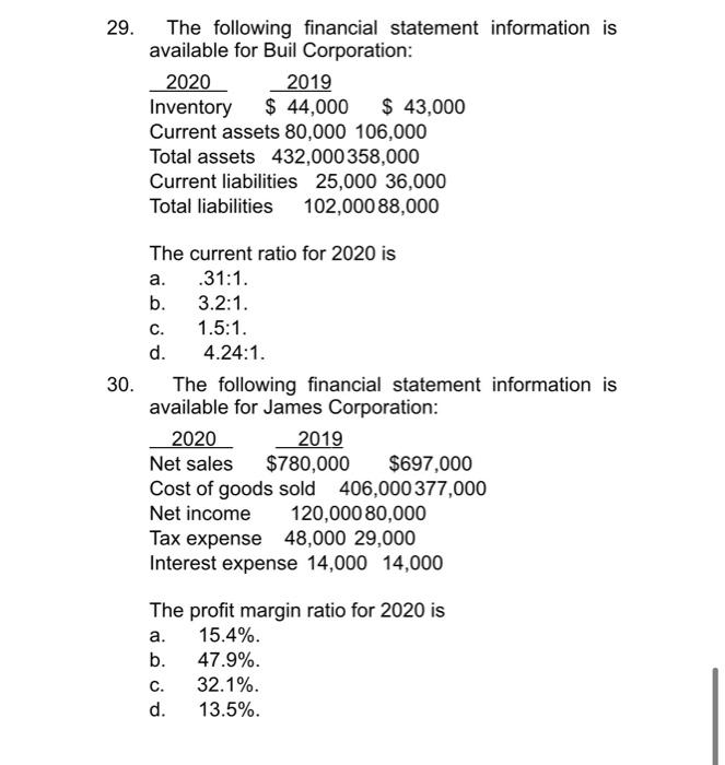 Solved 29. The following financial statement information is | Chegg.com