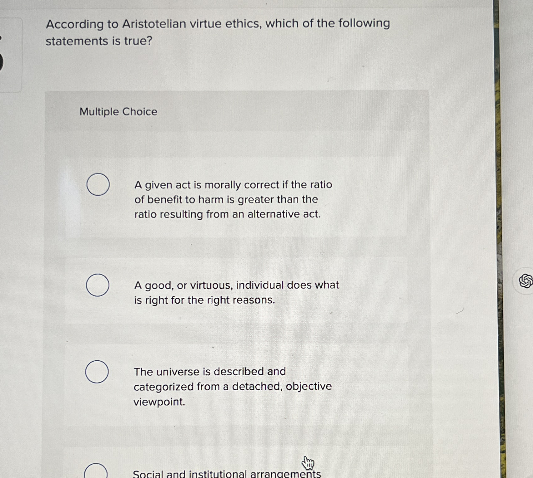 Solved According to Aristotelian virtue ethics, which of the | Chegg.com
