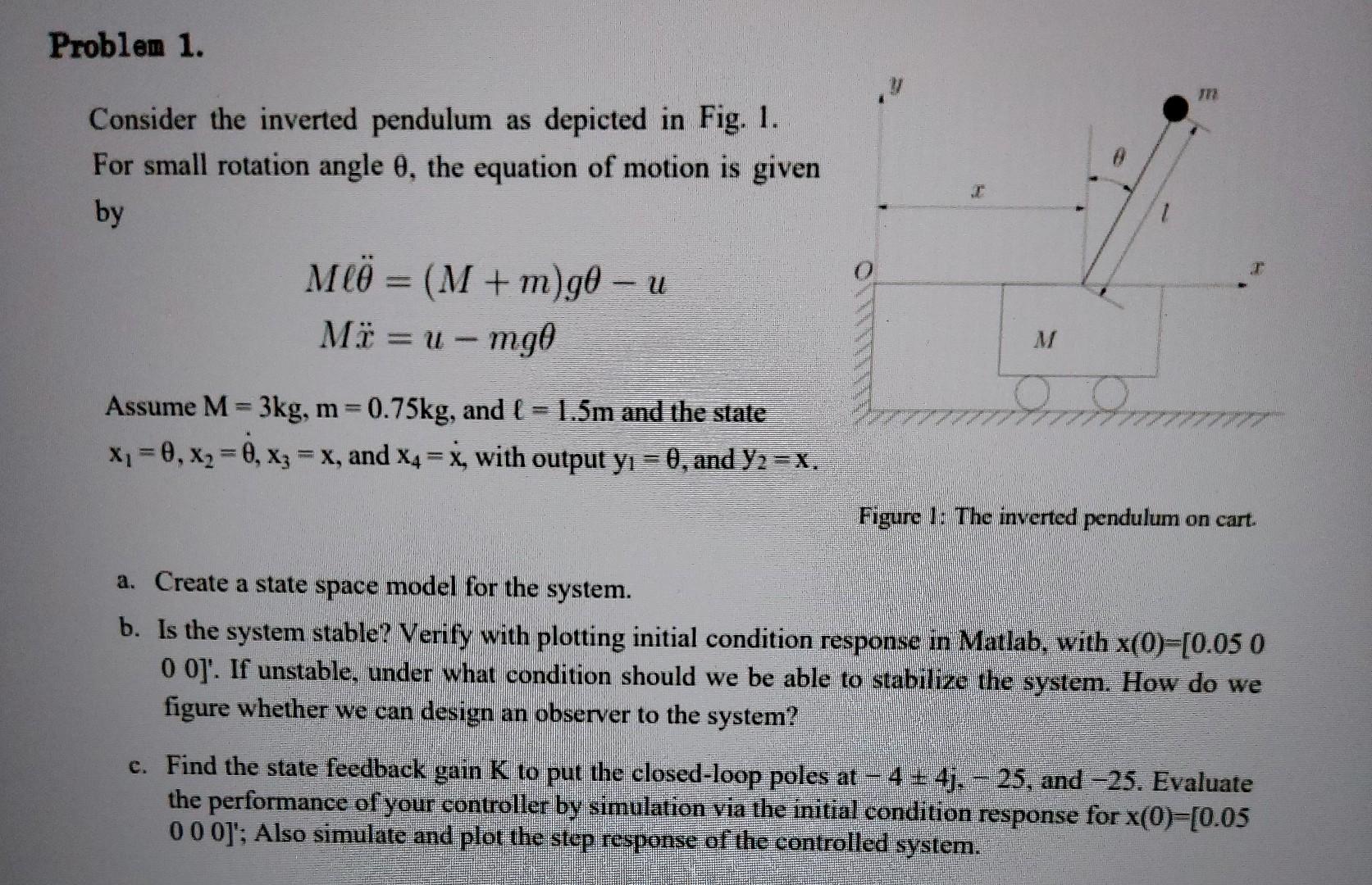Solved Problem 1. Consider the inverted pendulum as depicted | Chegg.com