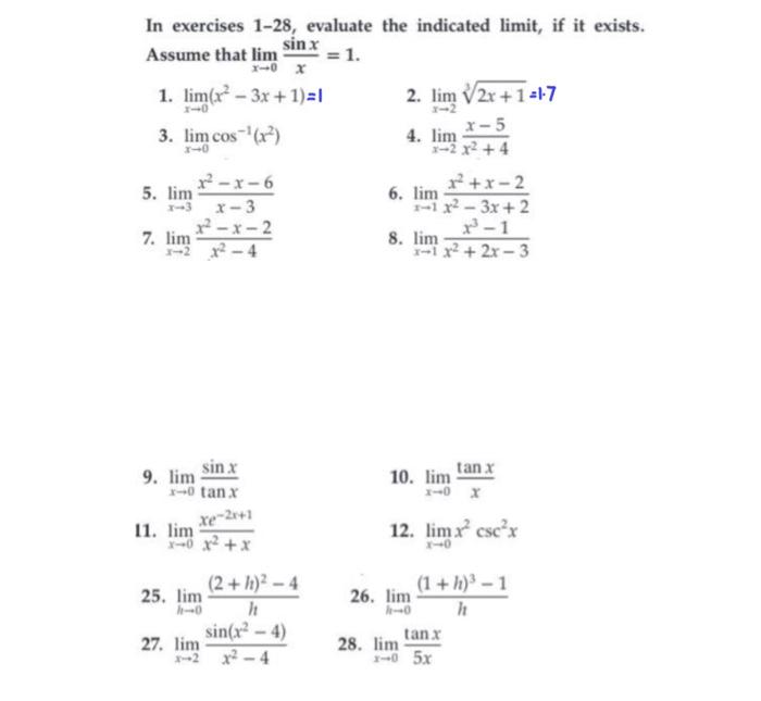 Solved In exercises 1-28, evaluate the indicated limit, if | Chegg.com