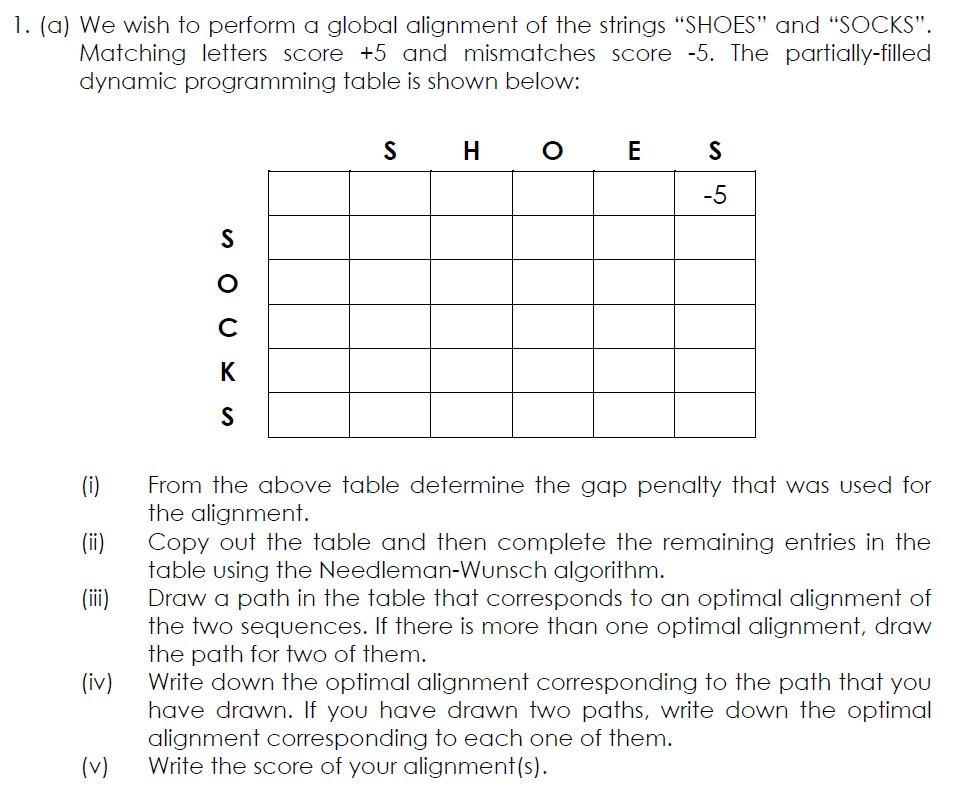 Solved 1. (a) We wish to perform a global alignment of the | Chegg.com