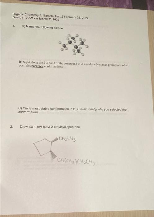 Solved Organic Chemistry 1. Sample Test 2 February 26, 2022 | Chegg.com