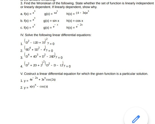 Solved 3 Find The Wronskian Of The Following State Whet Chegg Com