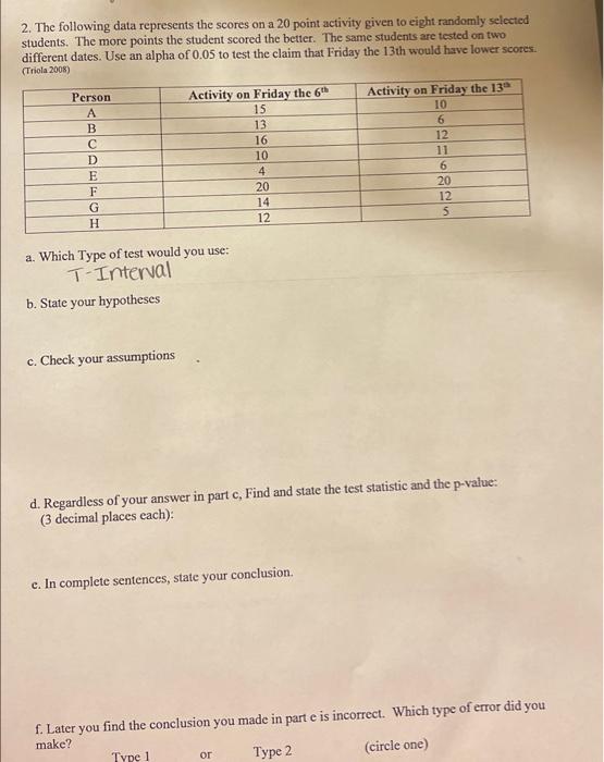 Solved 2. The following data represents the scores on a 20 | Chegg.com