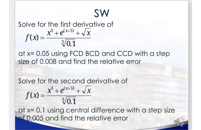 Solved SW Solve for the first derivative of f(x)= x³ +e(x+5) | Chegg.com