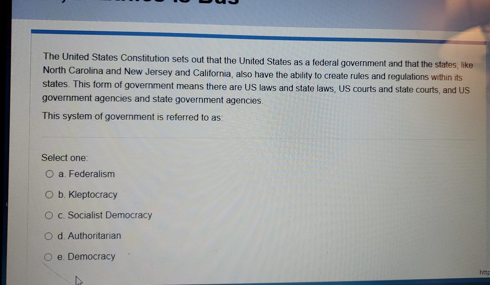 the united states constitution establishes a federal system of government frq