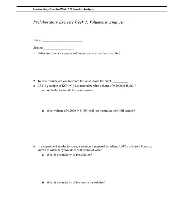 Solved Prelaboratory Exercise Wook Volumetric Analysis Chegg Com