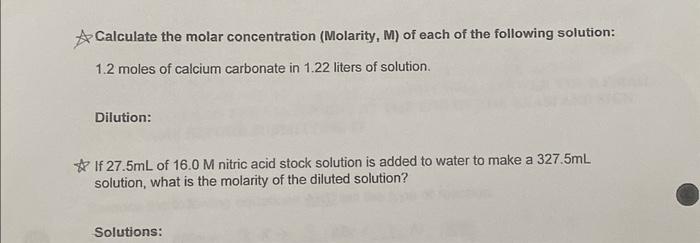 Solved Calculate the molar concentration (Molarity, M) of | Chegg.com