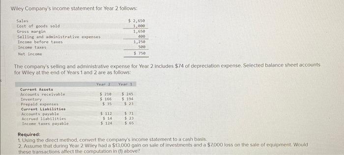 Solved Wiley Company's income statement for Year 2 follows: | Chegg.com
