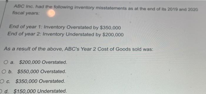 Solved ABC Inc. had the following inventory misstatements as | Chegg.com