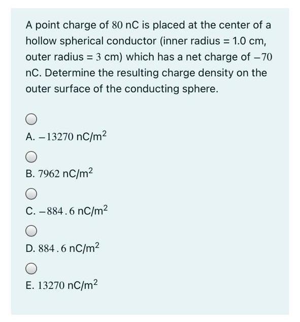 Solved A point charge of 80 nC is placed at the center of a | Chegg.com
