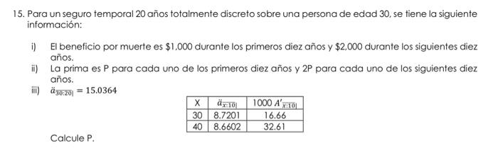 15. Para un seguro temporal 20 años totalmente discreto sobre una persona de edad 30 , se tiene la siguiente información: i)