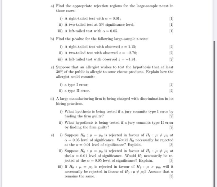 Solved a) Find the appropriate rejection regions for the | Chegg.com
