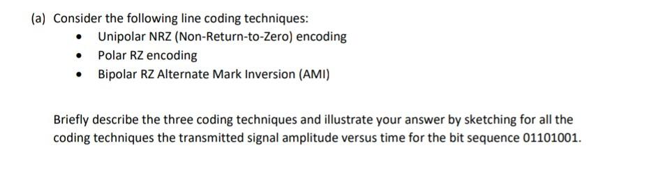 Solved (a) Consider the following line coding techniques: | Chegg.com