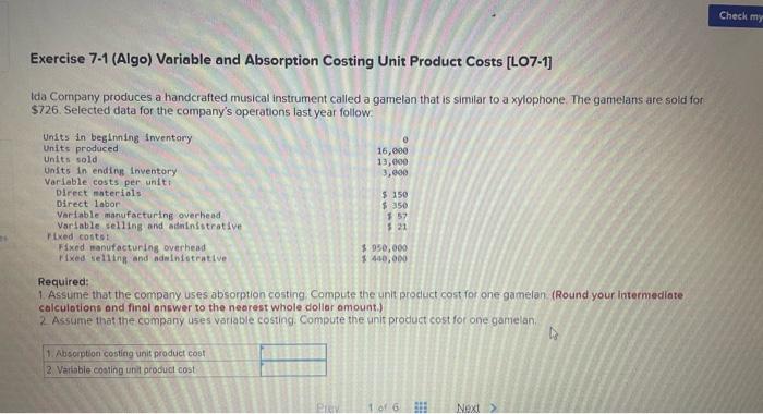 Solved Exercise 7-1 (Algo) Variable And Absorption Costing | Chegg.com