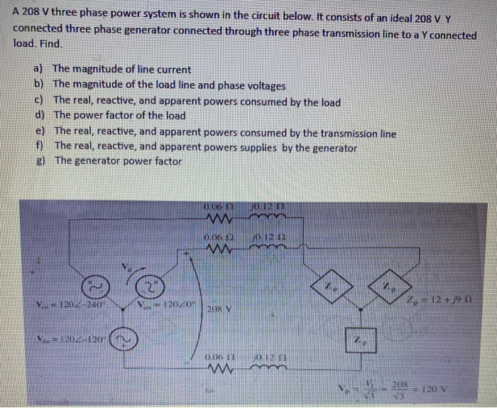 Solved A 208 V Three Phase Power System Is Shown In The | Chegg.com