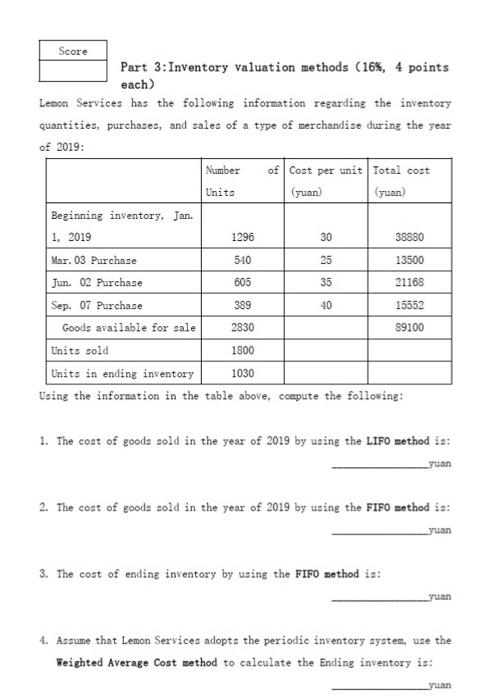 Solved Score Part 3: Inventory valuation methods (16%, 4 | Chegg.com