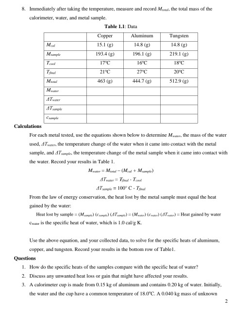 Calorimetry Worksheet Answer Key