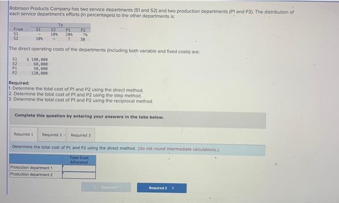 Solved Robinson Products Company Has Two Service Departments Chegg Com