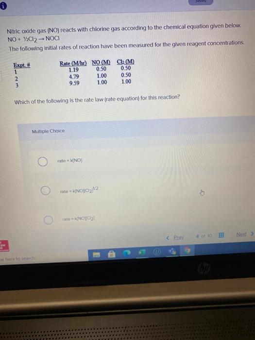 Nitric oxide gas (NO) reacts with chlorine gas