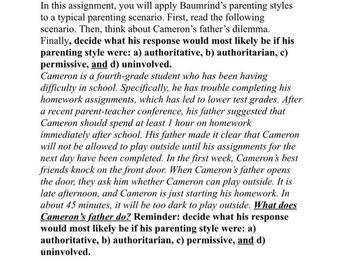 Solved In This Assignment, You Will Apply Baumrind's | Chegg.com