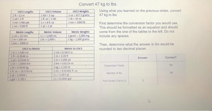 Solved Convert 47 kg to lbs USCS Length USCS Volume USCS Chegg