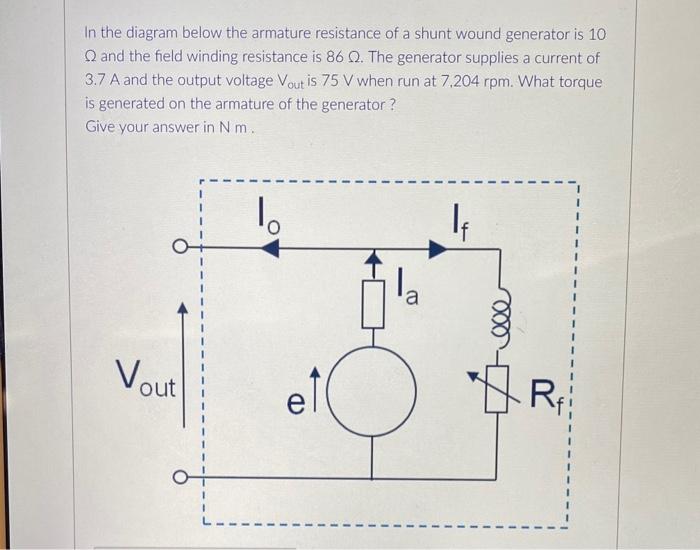 In the diagram below the armature resistance of a shunt wound generator is 10 \( \Omega \) and the field winding resistance i