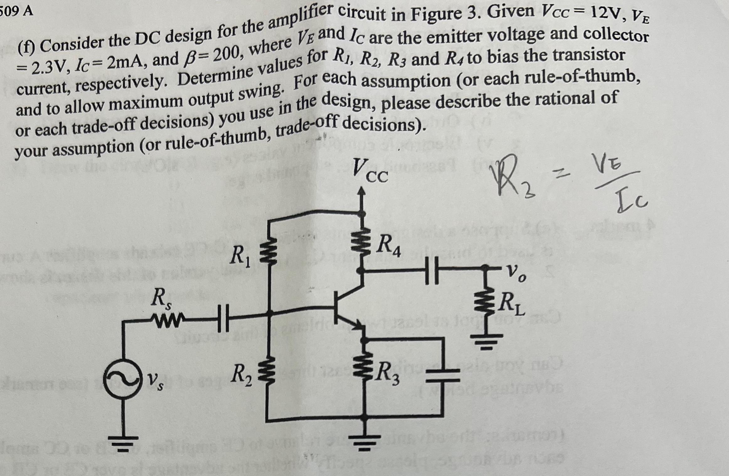 Solved (f) ﻿Consider the DC design for the amplifier circuit | Chegg.com