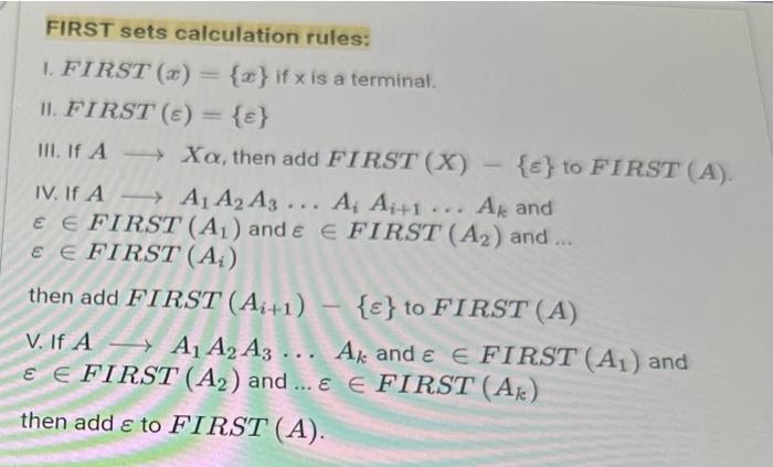 FIRST sets calculation rules:
1. FIRST \( (x)=\{x\} \) if \( \mathrm{x} \) is a terminal.
II. FIRST \( (\varepsilon)=\{\varep