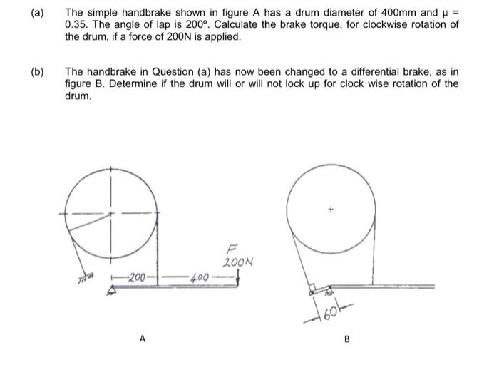 Solved (a) The simple handbrake shown in figure A has a drum | Chegg.com