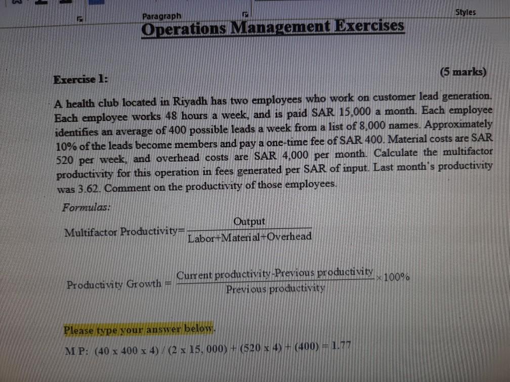Solved Styles Paragraph Operations Management Exercises (5 | Chegg.com