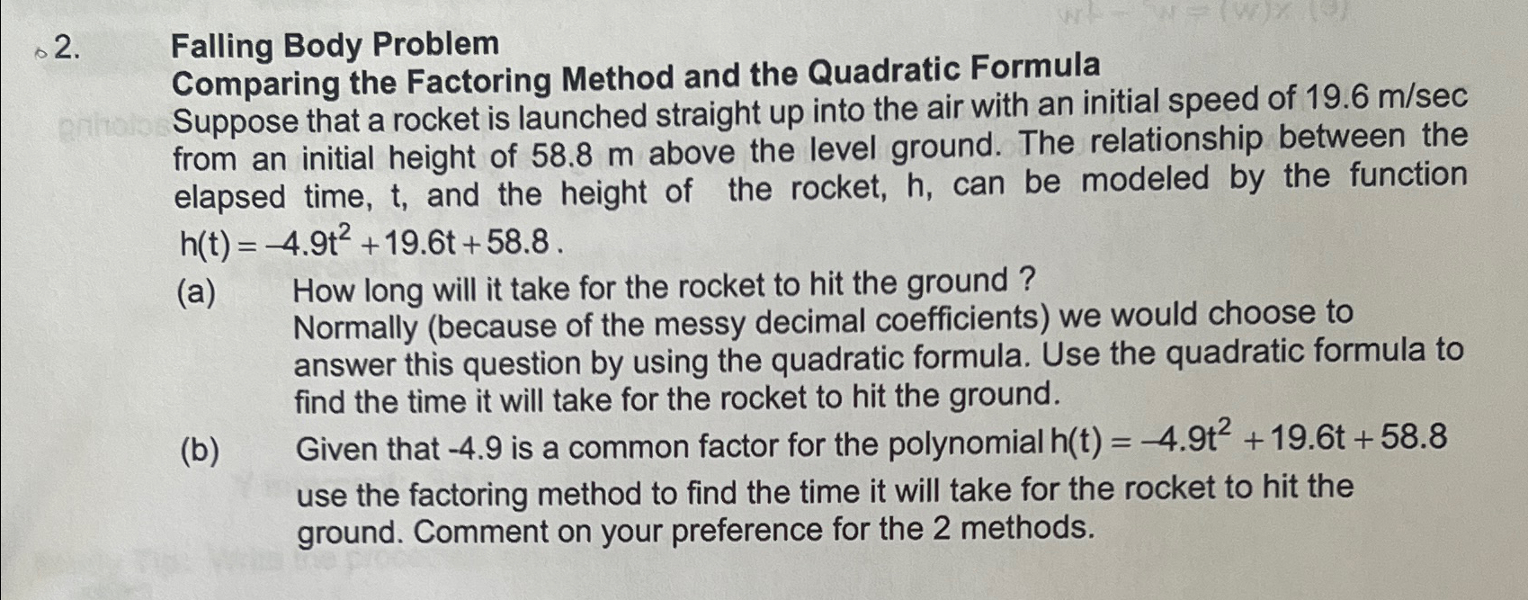 Solved .2. ﻿Falling Body ProblemComparing the Factoring | Chegg.com