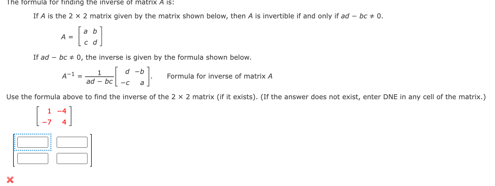Solved The formula for finding the inverse of matrix A | Chegg.com