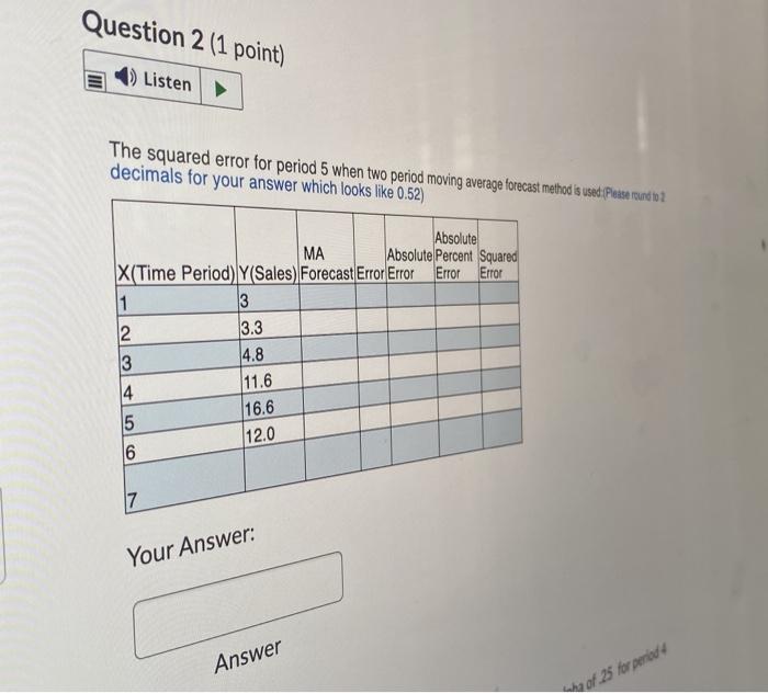 Solved Question 2 (1 point) Listen → The squared error for | Chegg.com