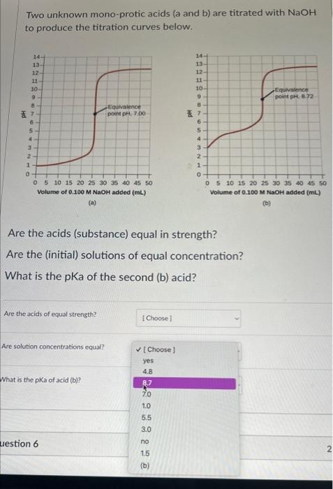 Solved Two unknown mono-protic acids (a and b) are titrated | Chegg.com