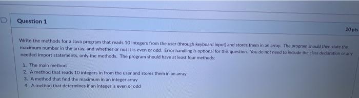 Solved Question 1 20 pts Write the methods for a Java | Chegg.com