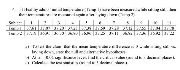 4. 11 Healthy adults initial temperature (Temp 1) have been measured while sitting still, then their temperatures are measur