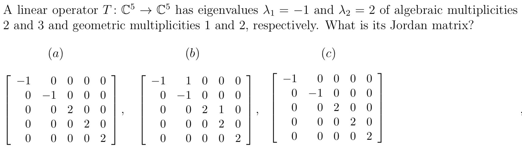 Solved A linear operator T:C5→C5 ﻿has eigenvalues λ1=-1 ﻿and | Chegg.com