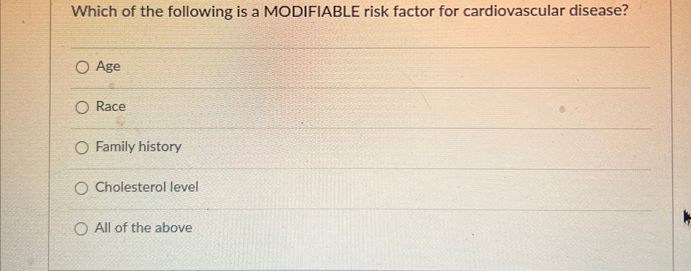 Solved Which of the following is a MODIFIABLE risk factor | Chegg.com