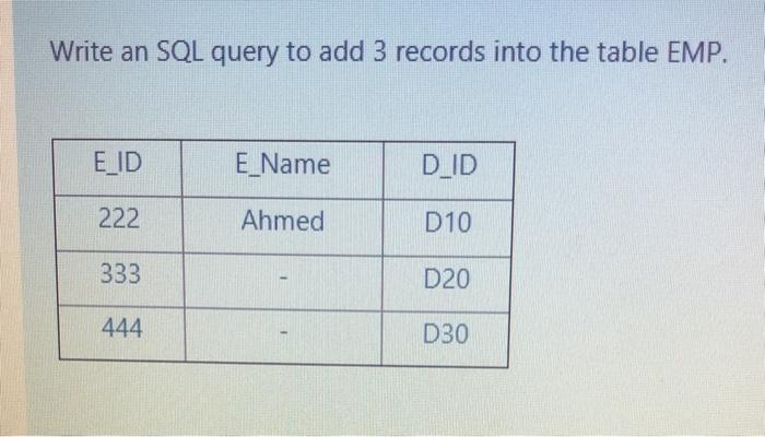 Solved Write an SQL query to add 3 records into the table | Chegg.com