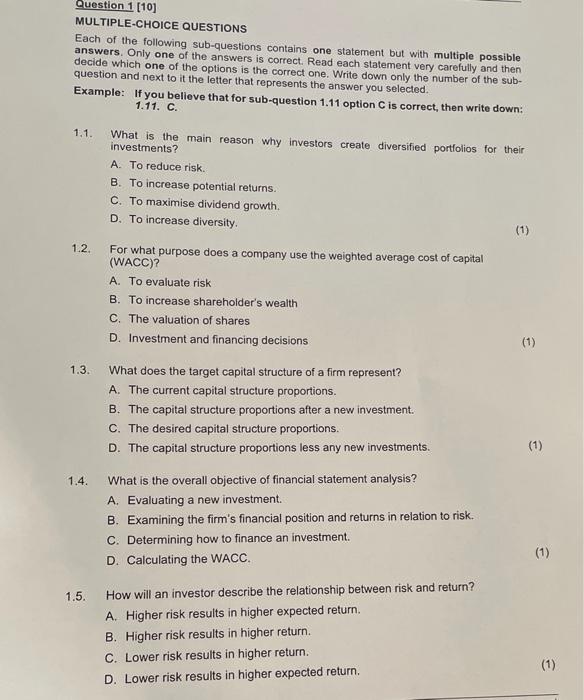 Solved Question 1 (10) MULTIPLE-CHOICE QUESTIONS Each of the | Chegg.com