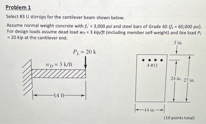 Solved Problem 1 Select #3 U stirrups for the cantilever | Chegg.com