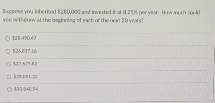 Solved Suppose You Inherited $280,000 And Invested It At | Chegg.com