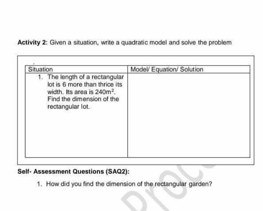 Solved Other forms of quadratic model is finding an area of | Chegg.com