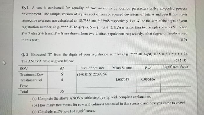 Solved Q.1 A test is conducted for equality of two measures | Chegg.com