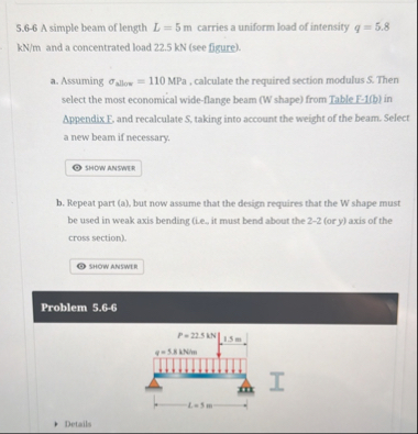 Solved S.6-6 A simple beam of length L=5m carries a uniform | Chegg.com