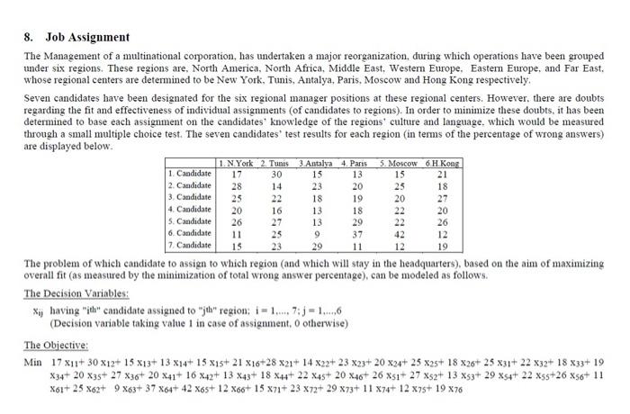 IV. The Job Assignment Problem 4. How would the L.P. | Chegg.com