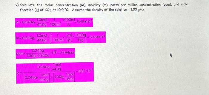 Solved iv) Calculate the molar concentration (M), molality | Chegg.com